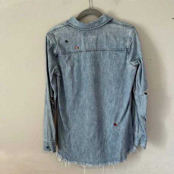 Lucky Brand Distressed Denim Shirt  Embroidery Bugs - Picture 5 of 9